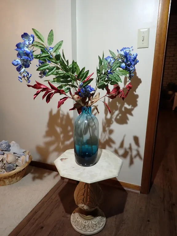 Neoclassical Pedestal Table, Ombre Blue Art Glass Vase & Faux Floral Set
