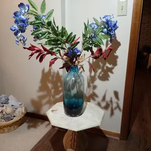 Neoclassical Pedestal Table, Ombre Blue Art Glass Vase & Faux Floral Set