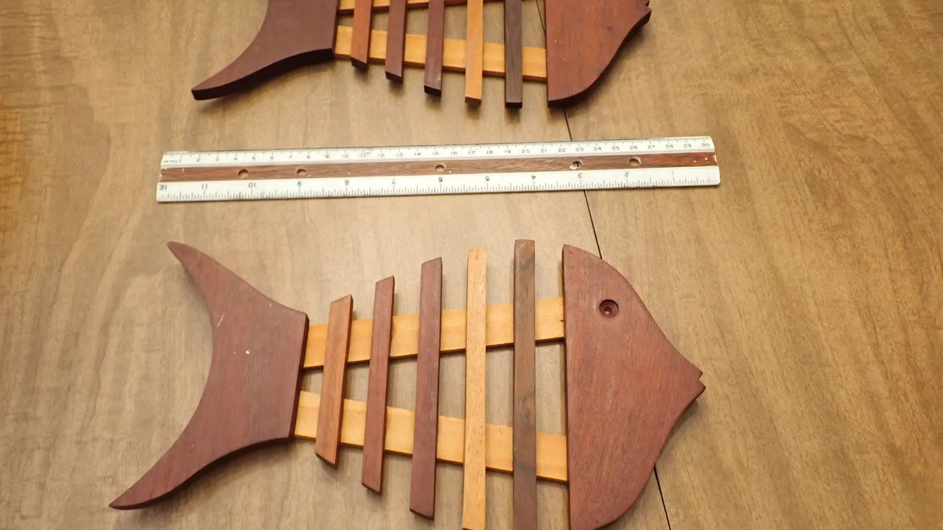 Vintage Handcrafted Multi-Tone Hardwood Fish Skeleton Folding Trivet Set