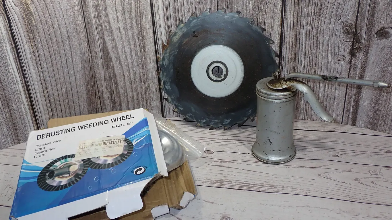 Vintage Master Mechanic Oil Can, 6" Weeding Wheel & Circular Saw Blade Lot