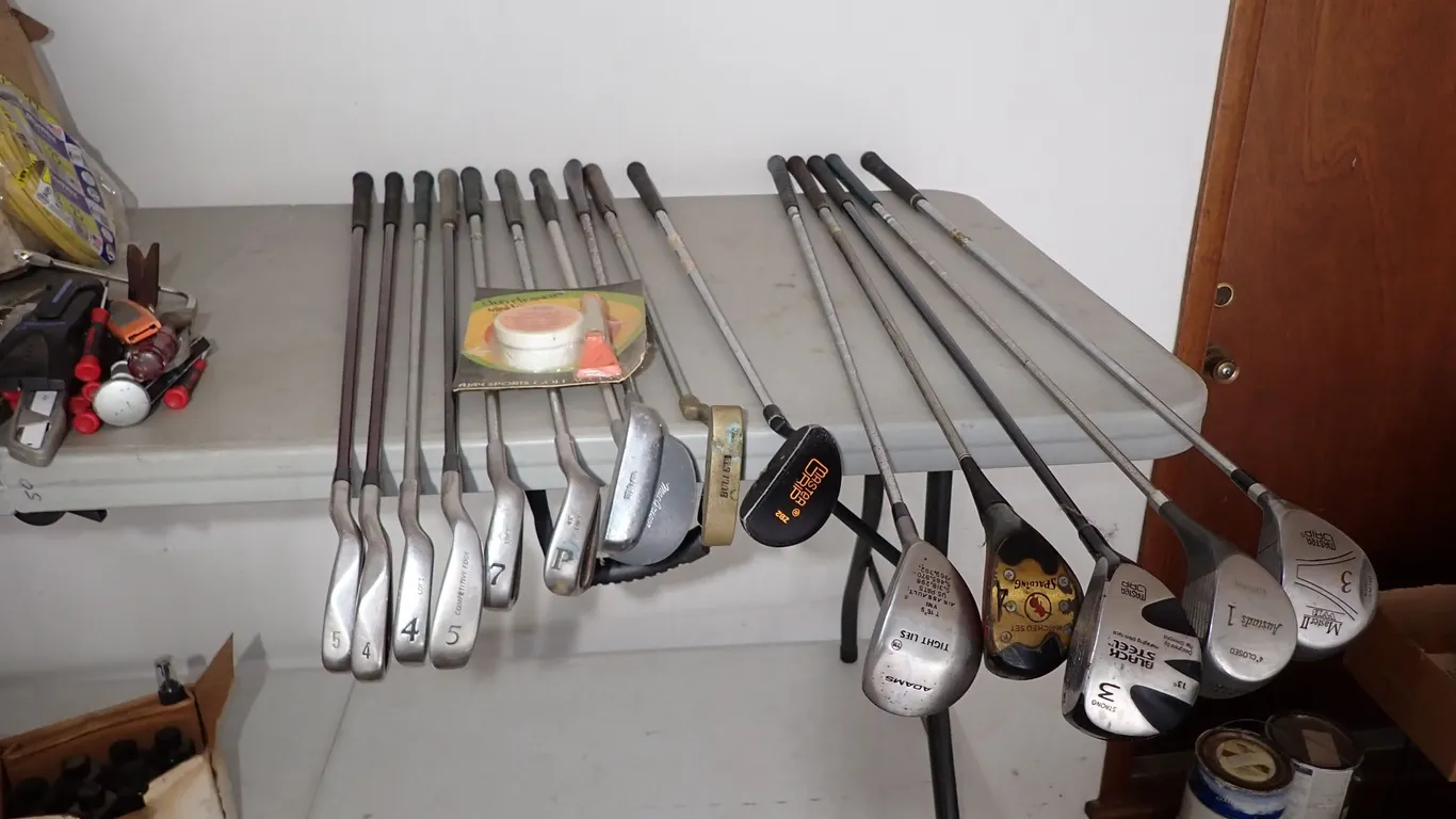 Assorted Mixed Golf Club Lot (Adams, Spaulding, Wilson, MacGregor) & Vintage Ajay Cleaner Mini Kit