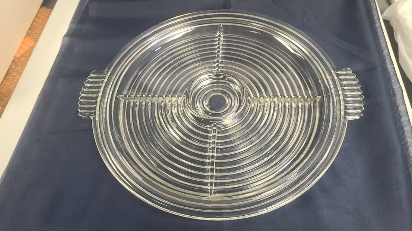 Anchor Hocking "Manhattan" Divided Serving Tray with Ribbed Handles and Concentric Circle Patterned