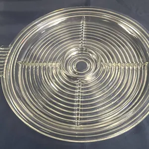 Clear Glass Divided Serving Tray with Ribbed Handles and Concentric Circle Patterned Surface, Round