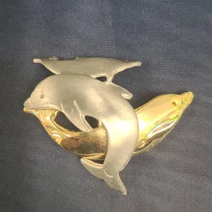 JJ Jonette Jewelry Dolphin Motif Brooch Pin in Gold and Silver Tone Mixed Metals, See Photos for Mea
