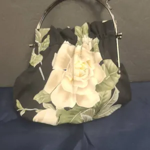 Floral Fabric Purse with Metal Kiss-Lock Frame, Black, Cream & Green