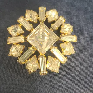 Aurora Borealis Rhinestone Brooch Marked Avon NY, Gold-Tone Metal, Geometric Design, Pin Backing, Se