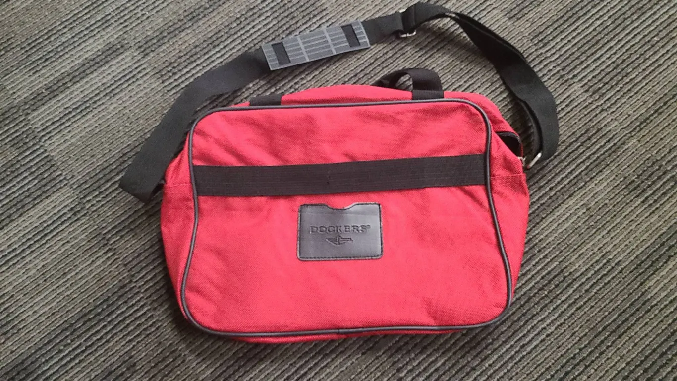 Dockers Red Travel Shoulder Bag with Adjustable Strap, Dual Compartments, 14x10x4.5 Inches, Footed B