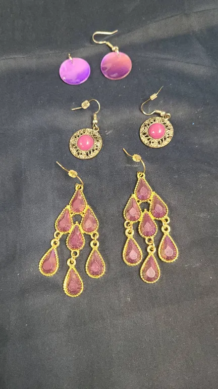 Three Pairs Purple-Tone Dangle Earrings Including Gold-Plated Teardrop Design and Pink Centered Disc