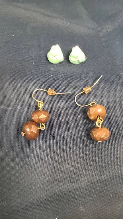 Faceted Brown Dangle Earrings and Pair of Green Enamel Stud Earrings, Mixed Materials, 2 Pairs