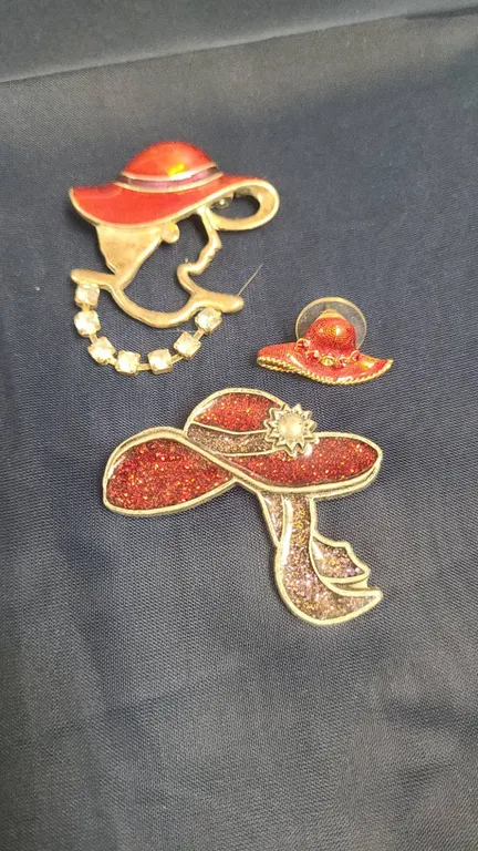 Three Hat-Themed Brooches and Pin With Red Enamel and Glitter Accents, Mixed Materials, See Photos f