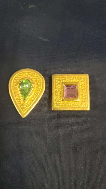 Gold Tone Brooches with Green Teardrop and Purple Square Glass Stones, Textured Metal Design