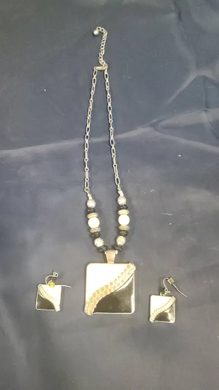 KC Signed Metal and Enamel Pendant Necklace and Earring Set with Bead Accents, Square Motif, See Pho
