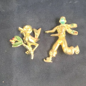 Gold-Tone Figural Brooches: Bird With Enamel Accents & Skater With Colored Stones, See Photos for Me