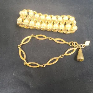 Sarah Coventry Gold-Tone Link Bracelet with Teardrop Charm and Faux Pearl Stretch Bracelet Pair, Sig