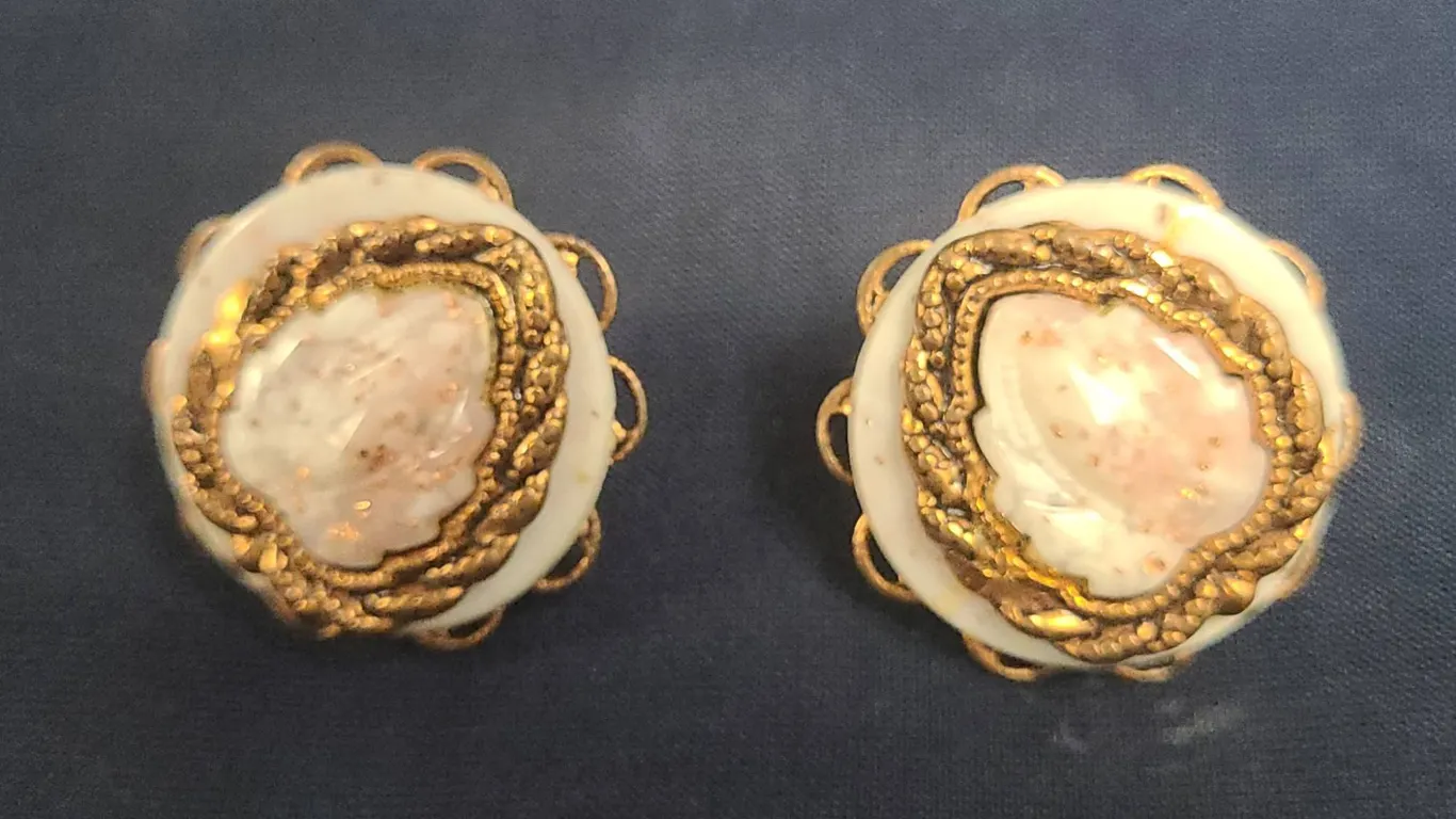 Gold Tone Filigree Clip-On Earrings With White Enamel and Iridescent Stone Centers, Screw Backs