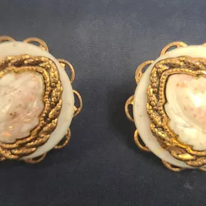 Gold Tone Filigree Clip-On Earrings With White Enamel and Iridescent Stone Centers, Screw Backs