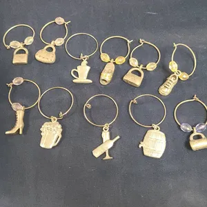 10 Metal Wine Glass Charms with Assorted Themed Charms and Colored Beads, See Photos for Measurement