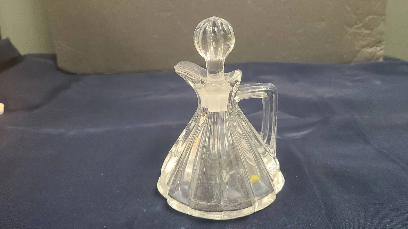 Pressed Glass Cruet with Stopper, Clear Scalloped Design, Handle and Pour Spout Included, No Measure