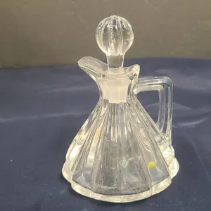 Pressed Glass Cruet with Stopper, Clear Scalloped Design, Handle and Pour Spout Included, No Measure