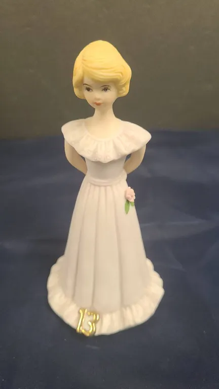 Enesco Growing Up Birthday Girls Porcelain Figurine Blonde Girl with Pink Flower and Gold 13 Accent