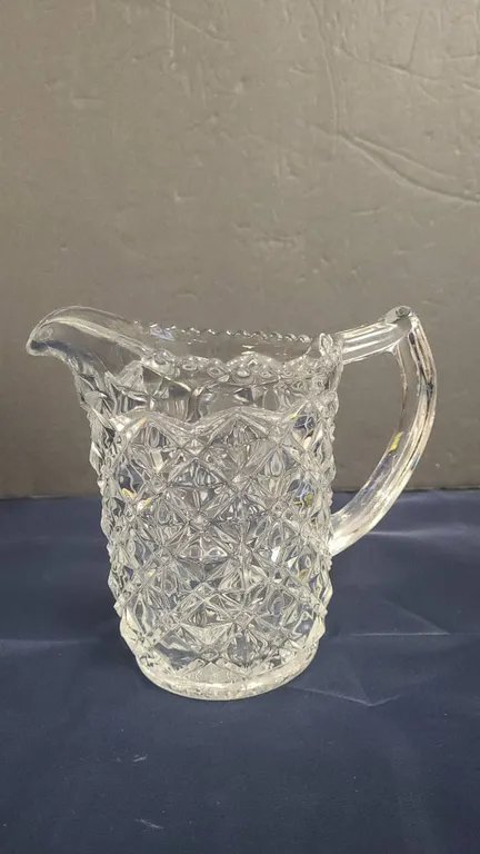 Pressed Glass Water Pitcher with Diamond Point Pattern and Starburst Base Detailing, Clear Glass Fin