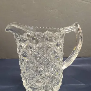 Pressed Glass Water Pitcher with Diamond Point Pattern and Starburst Base Detailing, Clear Glass Fin