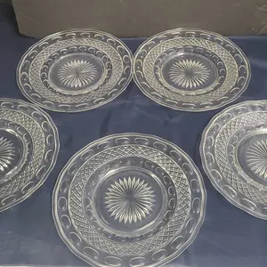 5 Clear Pressed Glass Plates with Geometric and Starburst Patterned Design, Transparent Finish