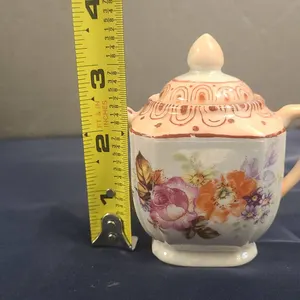 Hand-Painted Porcelain Sugar Bowl with Floral Pattern and Lid, Ornate Handles, See Photos for Measur