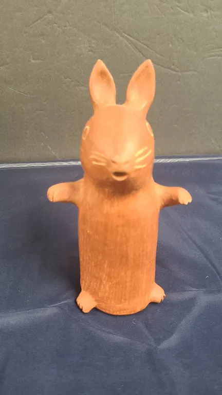 Handmade Terracotta Bunny Figurine with Incised Details and Artist-Signed Base Marked 'JOE' Rabbit S