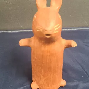 Handmade Terracotta Bunny Figurine with Incised Details and Artist-Signed Base Marked 'JOE' Rabbit S
