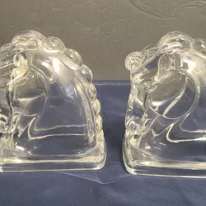 Clear Glass Horse Head Bookends with Sculpted Manes and Rectangular Bases, See Photos for Measuremen