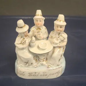 German Porcelain Figural Group 'The Welsh Tea Party', Hand-Painted with Gold Accents, Marked Made in