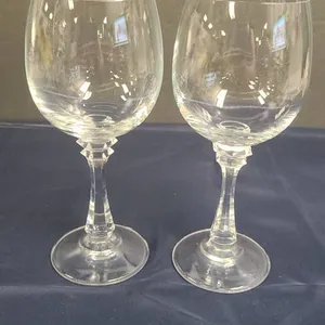 Clear Faceted Stem Wine Glasses with Elegant Geometric Detailing, Set of 2 Glasses, See Photos for M