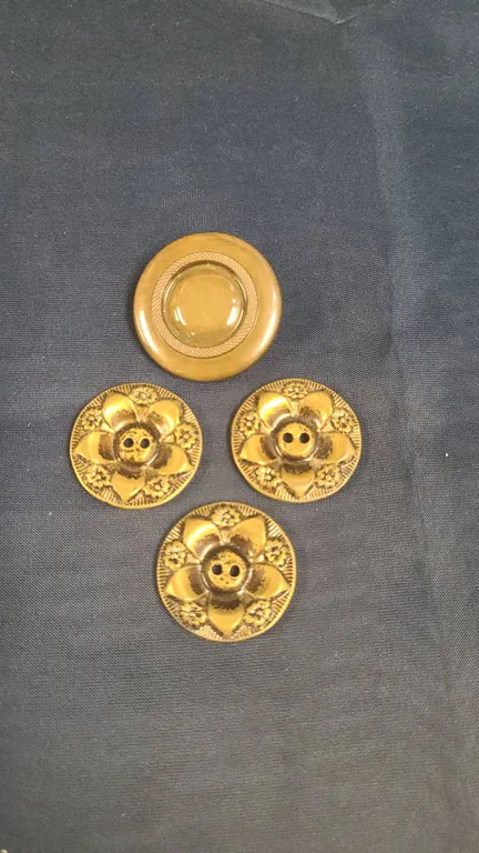 Four Vintage Brass Buttons, One Large Plain and Three Floral Two-Hole Designs, Gold Tone Finish