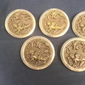 5 Round Brass and Bronze Cherub Motif Decorative Pins with Ornate Embossed Backs, Classical Design