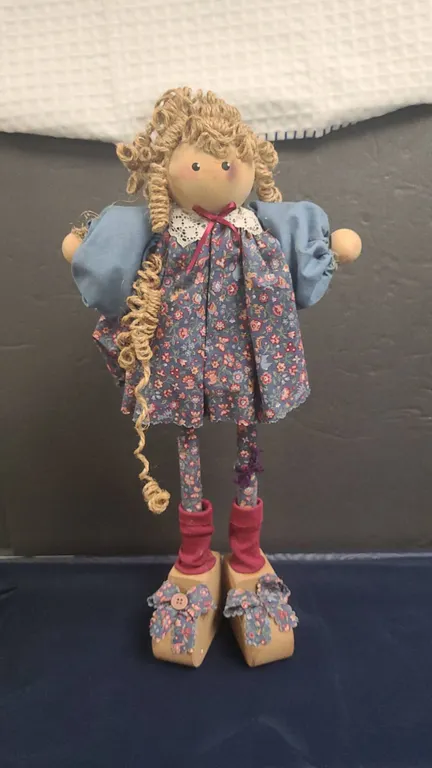 Handcrafted Wooden Folk Art Doll with Floral Dress and Button Shoes, Hair Needs Reattachment, See Ph