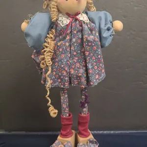 Handcrafted Wooden Folk Art Doll with Floral Dress and Button Shoes, Hair Needs Reattachment, See Ph