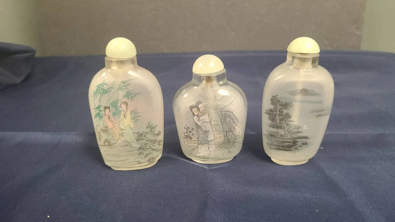 (3) Reverse Painted Glass Chinese Snuff Bottles, Figural and Landscape Designs, Jadeite Style Stoppe