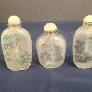 (3) Reverse Painted Glass Chinese Snuff Bottles, Figural and Landscape Designs, Jadeite Style Stoppe