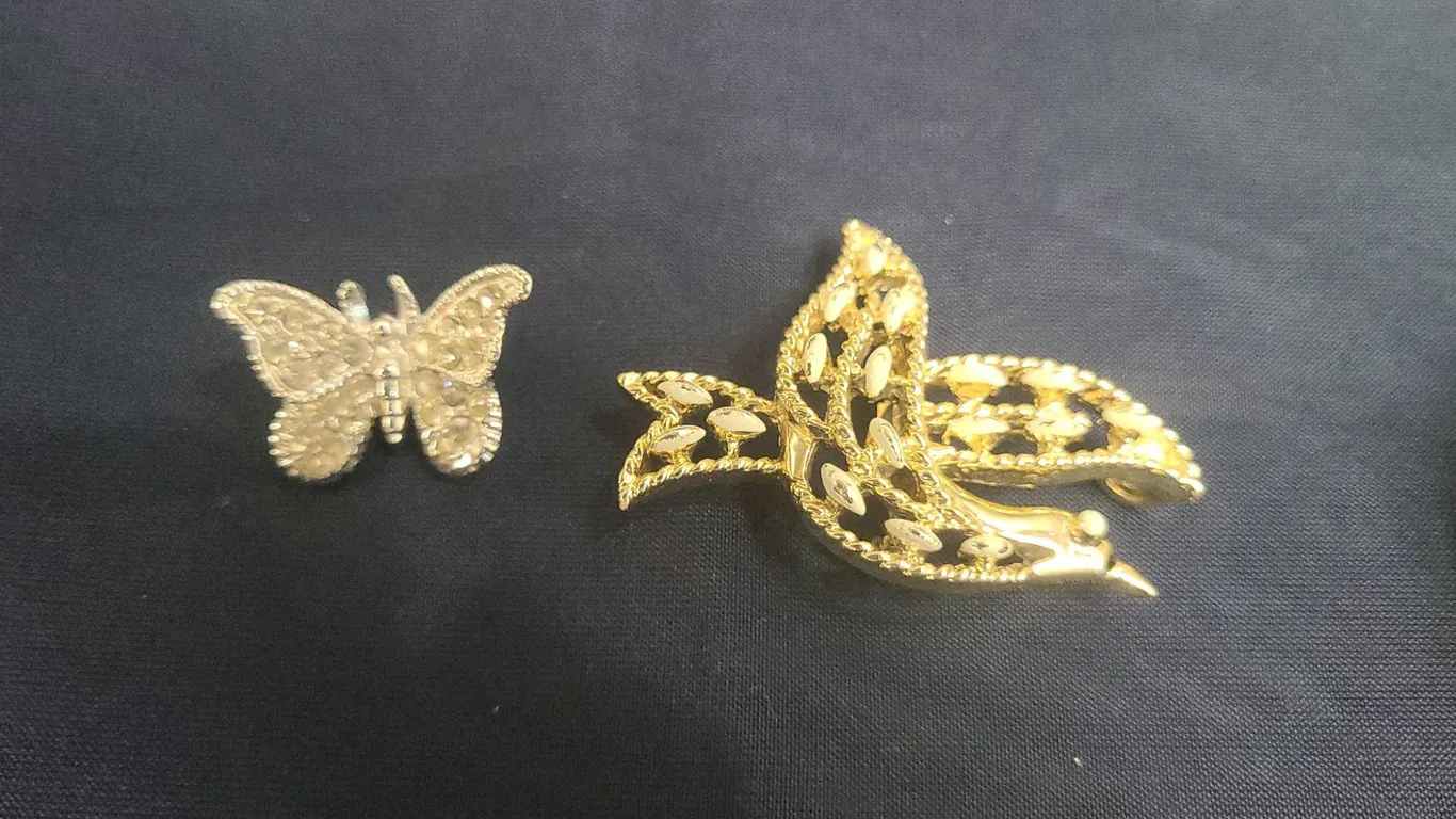 Two Costume Jewelry Pins: Rhinestone Butterfly Brooch and Signed Gold-Tone Bird Brooch with Openwork
