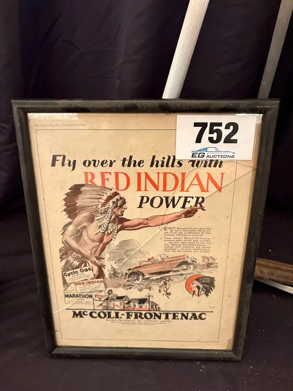 VINTAGE FRAMED PRINT "RED INDIAN POWER" BRANDING BY MCCOLL-FRONTENAC OIL COMPANY