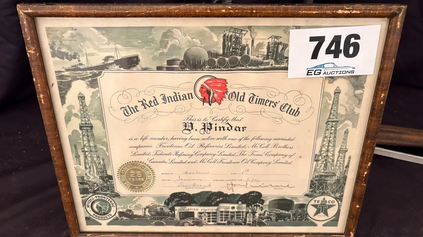 FRAMED VINTAGE "RED INDIAN OLD TIMERS' CLUB" MEMBERSHIP CERTIFICATE BY MCCOLL-FRONTENAC OIL COMPANY LTD