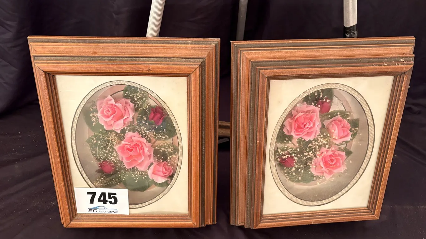 VINTAGE PAIR OF FRAMED PINK ROSE STILL LIFE ART PRINT