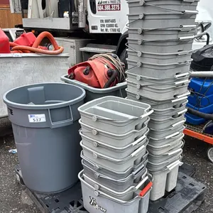 PALLET OF ASSORTED ITEMS INCLUDING; VACUUM, WASTE BIN WITH PORTABLE WHEEL ATTACHMENT, WASH BUCKETS