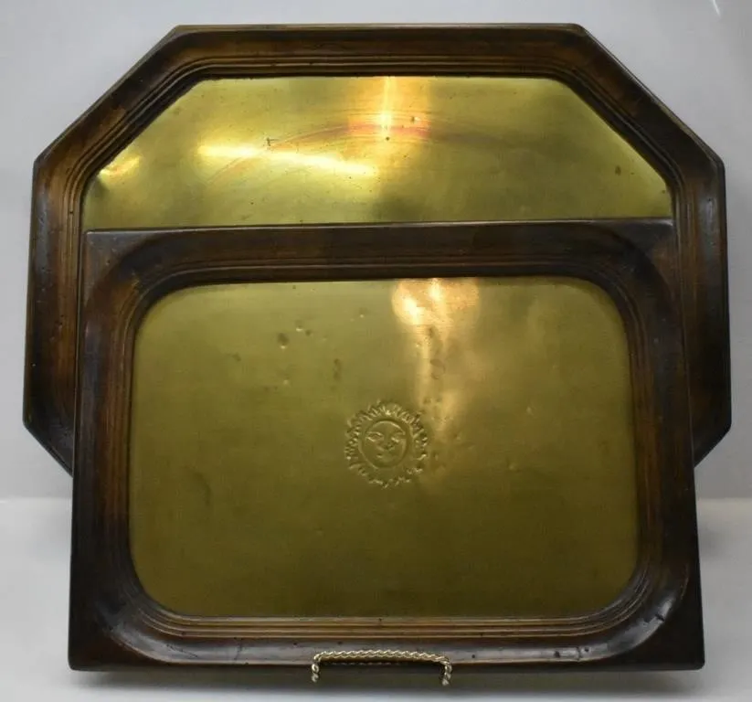 WOOD AND BRASS SERVING TRAYS, HAMMERED SUN MOTIF
