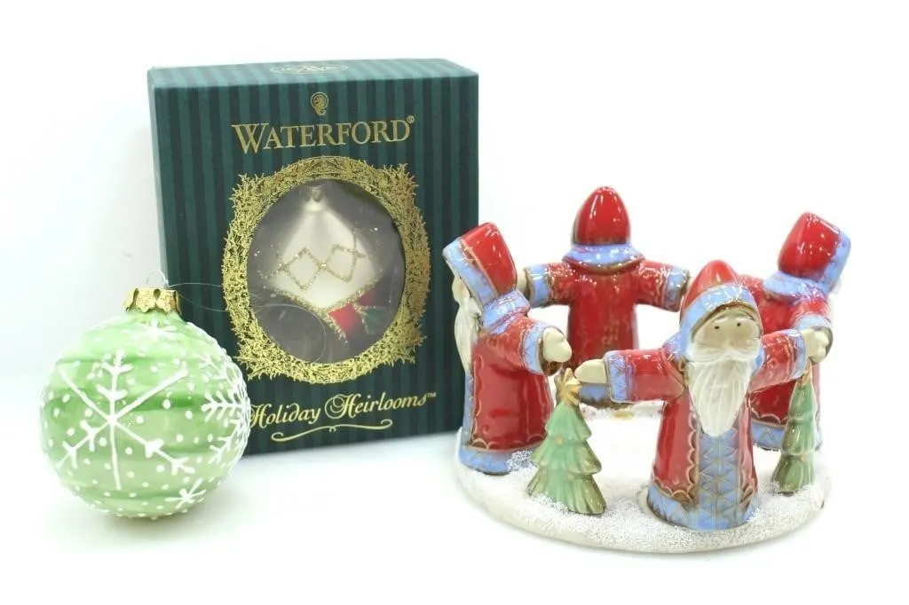WATERFORD & HANDPAINTED ORNAMENTS & CANDLE HOLDER