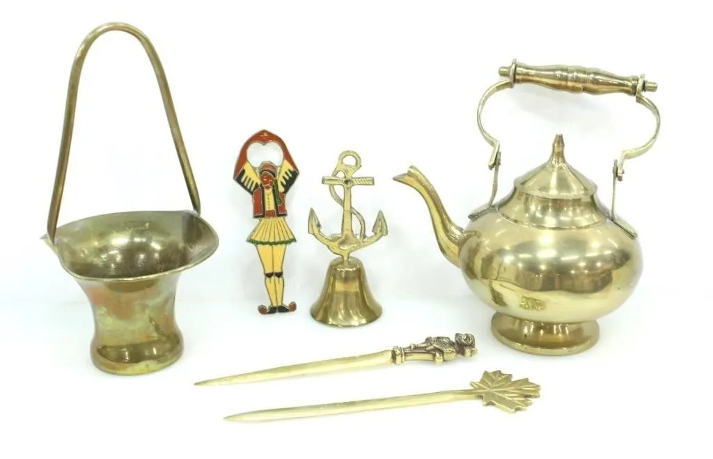 ASSTD BRASS TEAPOT, BELL, BOTTLE & LETTER OPENERS