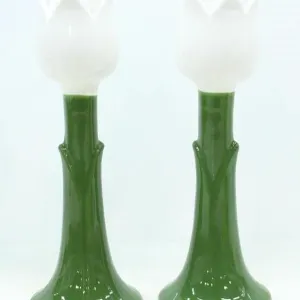 PAIR CERAMIC WHITE TULIP CANDLESTICK HOLDERS