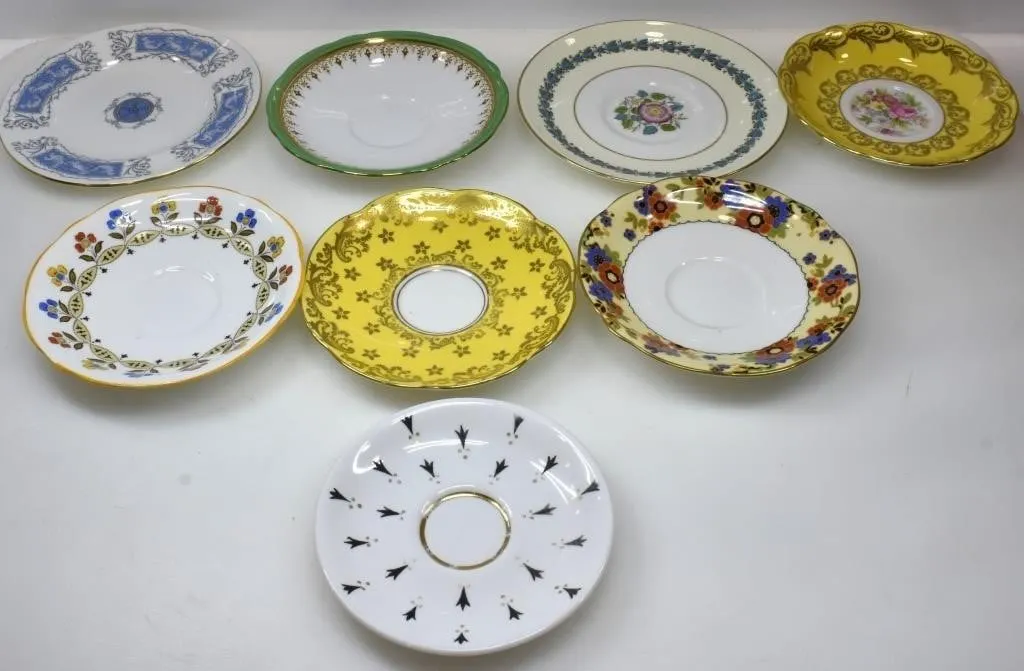 8 SAUCERS, COALPORT, WEDGEWOOD, FOLEY, AYNSLEY