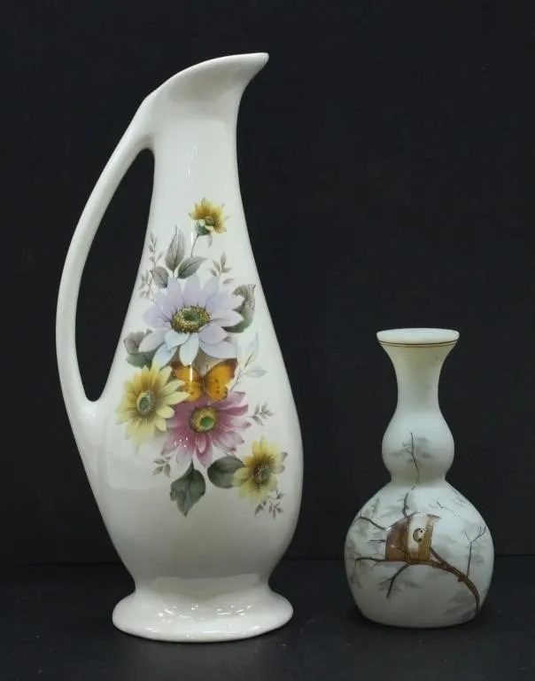 CERAMIC FLORAL PITCHER & HANDPAINTED BUD VASE